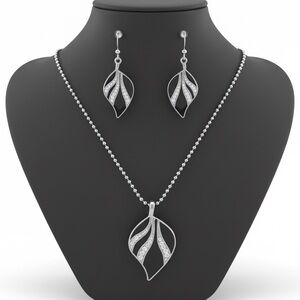 Rhodium-Plated Sterling Silver Leaf Pendant & Earring Set